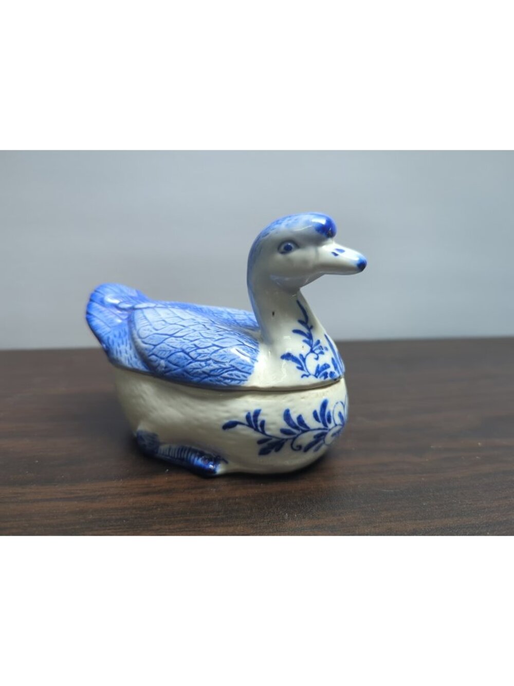 Vintage Blue White Ceramic Duck Trinket Box Floral